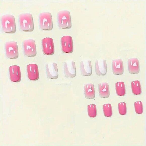 Nails Pink Hearts Press On 24 Stylish Fake Glam Trendy Reusable Glossy Rounded - Picture 2 of 4